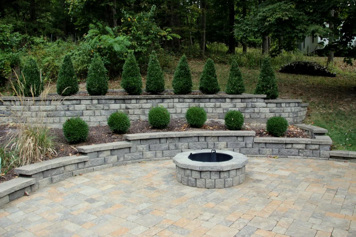 Completed retaining wall and fire pit project